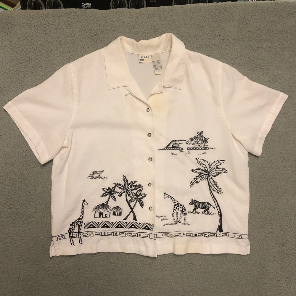 Vtg 90s Koret Safari‎ Embroidered Button Down Shirt White Giraffe Zebra Large